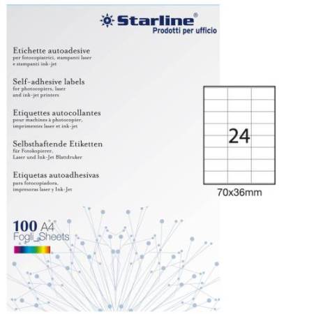 Etichette adesive - in carta - permanenti - 70 x 36 mm - 24 et/fg - 100 fogli - bianco - Starline