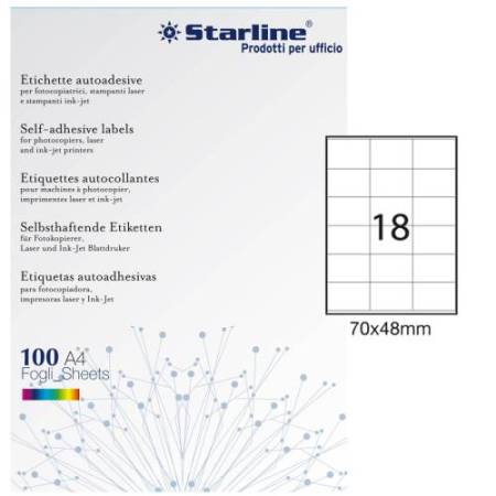 Etichette adesive - in carta - permanenti - 70 x 48 mm - 18 et/fg - 100 fogli - bianco - Starline
