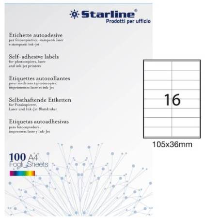 Etichette adesive - in carta - permanenti - 105 x 36 mm - 16 et/fg - 100 fogli - bianco - Starline