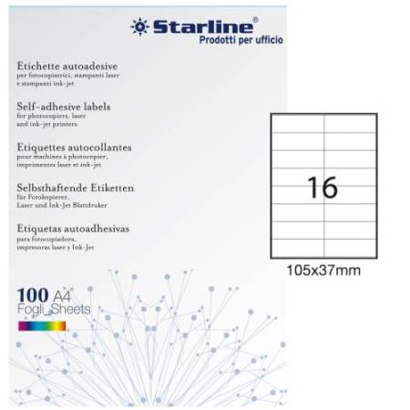 Etichette adesive - in carta - permanenti - 105 x 37 mm - 16 et/fg - 100 fogli - bianco - Starline