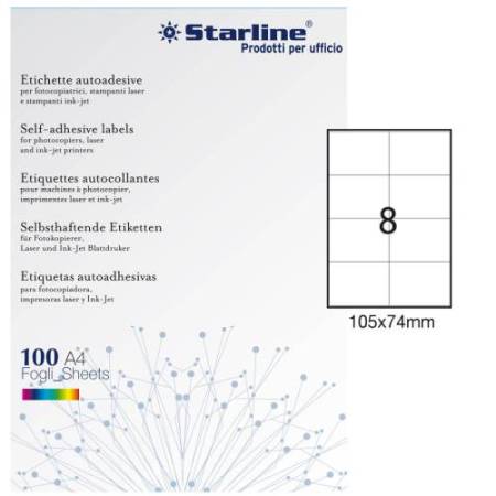 Etichette adesive - in carta - permanenti - 105 x 74 mm - 8 et/fg - 100 fogli - bianco - Starline
