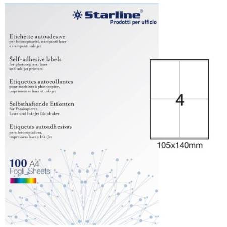 Etichette adesive - in carta - permanenti - 105 x 140 mm - 4 et/fg - 100 fogli - bianco - Starline