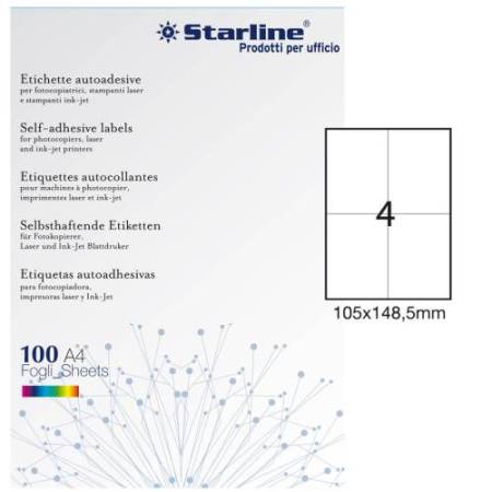 Etichette adesive - in carta - permanenti - 105 x 148,5 mm - 4 et/fg - 100 fogli - bianco - Starline