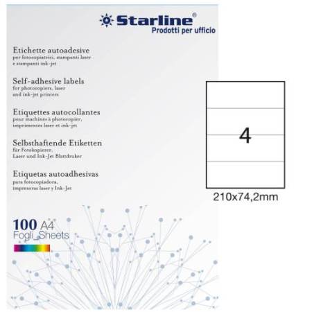 Etichette adesive - in carta - permanenti - 210 x 74,2 mm - 4 et/fg - 100 fogli - bianco - Starline