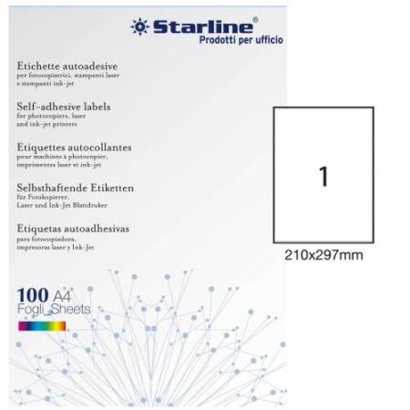 Etichette adesive - in carta - permanenti - 210 x 297 mm - 1 et/fg - 100 fogli - bianco - Starline