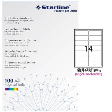 Etichette adesive - in carta - angoli arrotondati - permanenti - 99,1 x 38,1 mm - 14 et/fg - 100 fogli - bianco - Starline