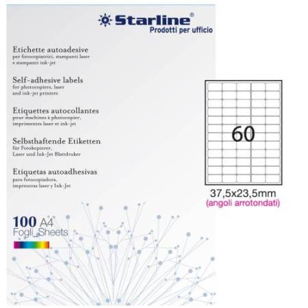 Etichette adesive - in carta - angoli arrotondati - permanenti - 37,5 x 23,5 mm - 60 et/fg - 100 fogli - bianco - Starline