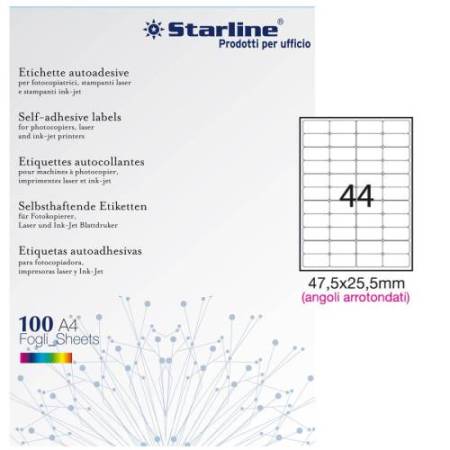 Etichette adesive - in carta - angoli arrotondati - permanenti - 47,5 x 25,5 mm - 44 et/fg - 100 fogli - bianco - Starline