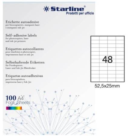 Etichette adesive - in carta - permanenti - 52,5 x 25 mm - 48 et/fg - 100 fogli - bianco - Starline