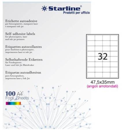 Etichette adesive - in carta - angoli arrotondati - permanenti - 47,5 x 35 mm - 32 et/fg - 100 fogli - bianco - Starline