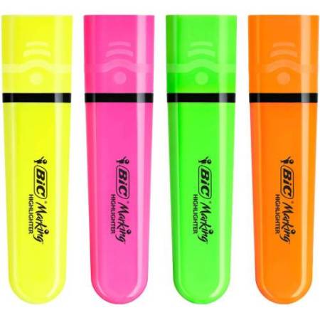 Evidenziatore Flat  - punta a scalpello - tratto da 1,2mm-4,6mm - colori assortiti fluo - Bic - astuccio 4 pezzi