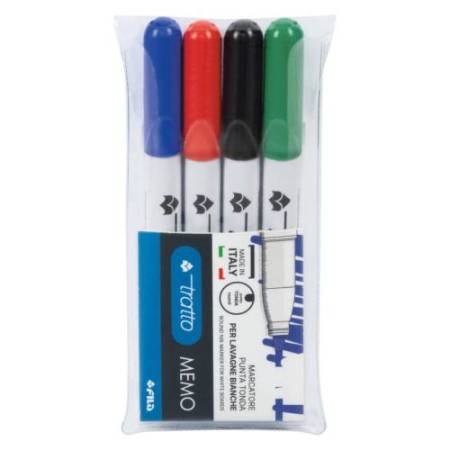 Pennarello a secco Tratto Memo per lavagne cancellabili - astuccio 4 colori - punta conica 2,5mm - Tratto