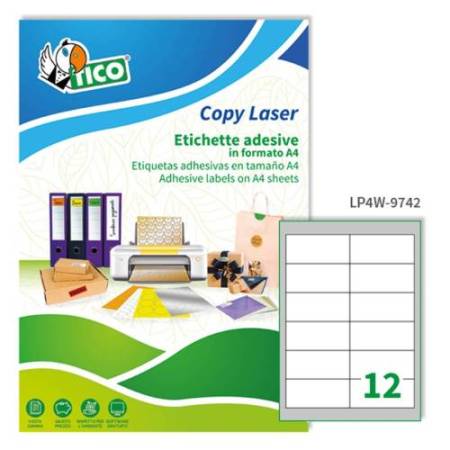 Etichette adesive LP4W - in carta - angoli arrotondati - permanenti - 97 x 42,3 mm - 12 et/fg - 100 fogli - bianco - Tico