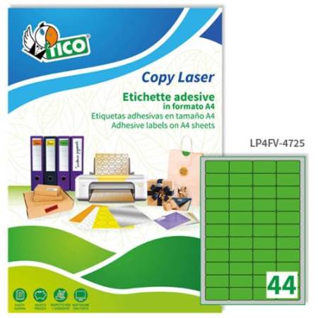 Etichette adesive LP4F - in carta - angoli arrotondati - permanenti - 47,5 x 25,5 mm - 44 et/fg - 70 fogli - verde fluo - Tico