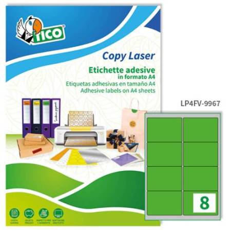Etichette adesive LP4F - in carta - angoli arrotondati - permanenti - 99,1 x 67,7 mm - 8 et/fg - 70 fogli - verde fluo - Tico