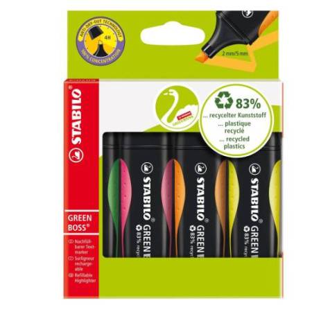 Evidenziatore Green Boss - punta a scalpello - tratto 2 - 5 mm - colori assortiti - 83% plastica riciclata - Stabilo - astuccio 