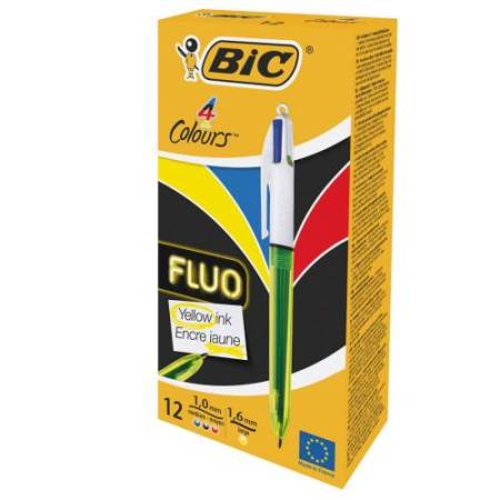 Penna a sfera a scatto multifunzione 4 Colors Fluo  - punta 1,0/1,6mm - 4 colori fluo - fusto giallo fluorescente - Bic - conf. 