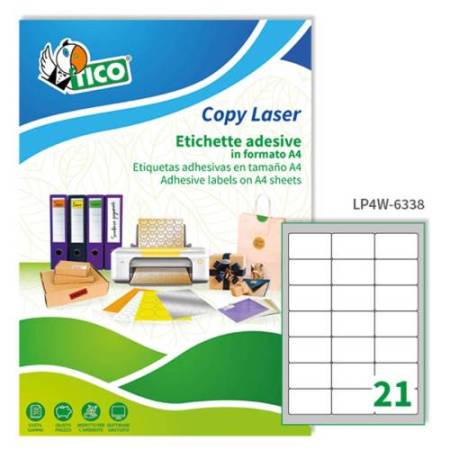 Etichette adesive LP4W - in carta - angoli arrotondati - permanenti - 63,5 x 38,1 mm - 21 et/fg - 100 fogli - bianco - Tico