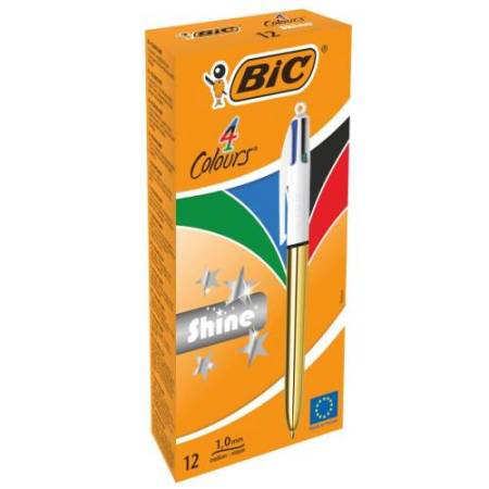 Penna sfera scatto multifunzione 4 Colors Shine - punta 1,0 mm - fusto oro - Bic – conf. 12 pezzi