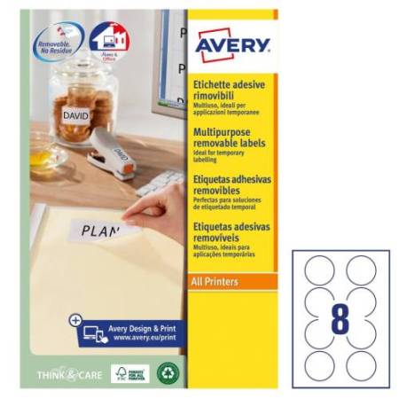 Etichette adesive tonde L4850 - in carta - rimovibili - diametro 63,5 mm - 8 et/fg - 25 fogli - bianco - Avery