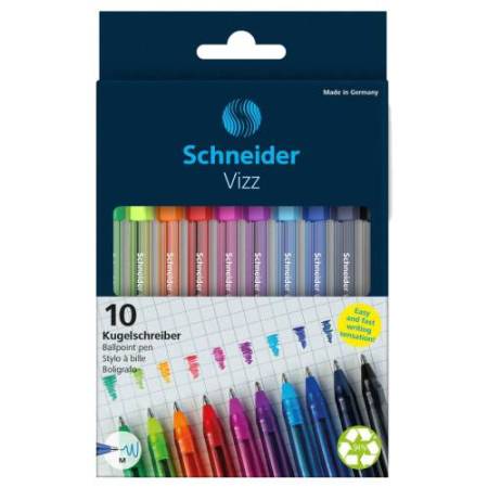 Penne a sfera Vizz - con cappuccio - punta media - colori assortiti - Schneider - astuccio 10 pezzi