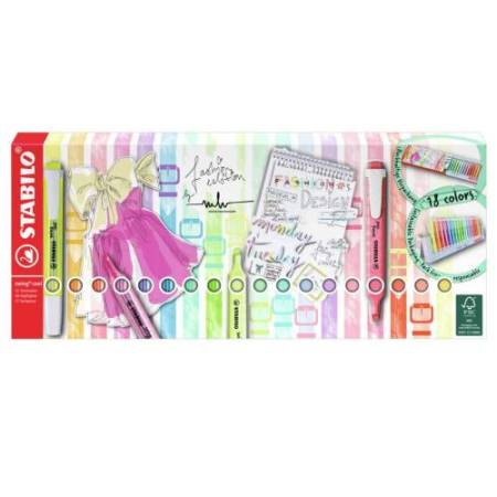 Evidenziatori Swing Cool Pastel - punta a scalpello - tratto 1 - 4 mm - colori assortiti - Stabilo - deskset 18 pezzi