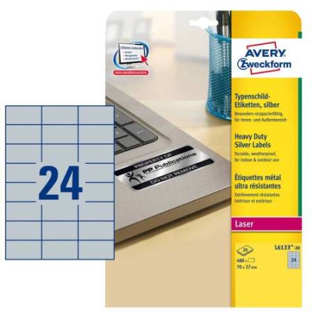 Etichette adesive L6133 - in poliestere - laser - permanenti - 70 x 37 mm - 24 et/fg - 20 fogli - argento - Avery