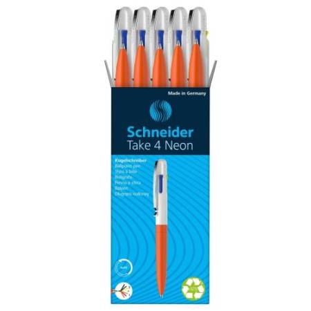 Penna a sfera Take 4 - punta media - 4 colori - fusto arancione fluo - Schneider
