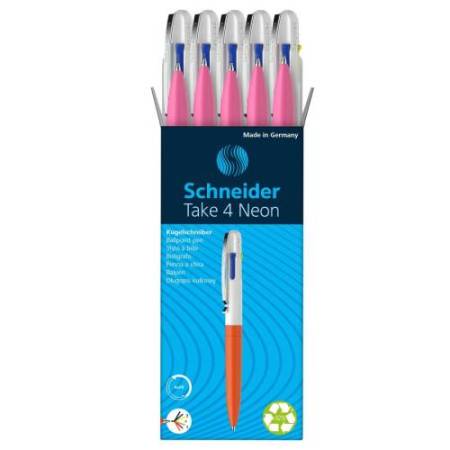 Penna a sfera Take 4 - punta media - 4 colori - fusto rosa fluo - Schneider
