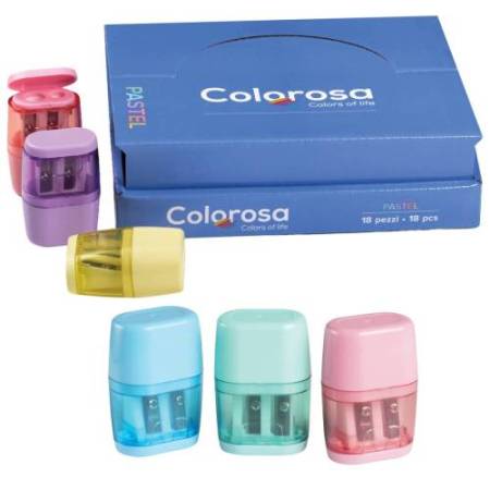 Temperino Colorosa Pastel - con serbatoio - 2 fori - colori assortiti - RiPlast - conf. 18 pezzi