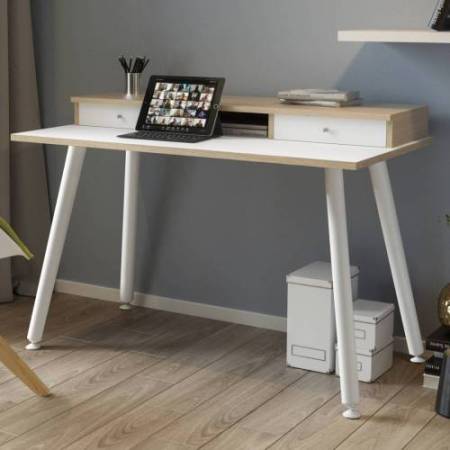 Postazione Home-Office - con sopralzo - gambe in metallo -120 x 60 x H 74,4 cm - bianco / rovere