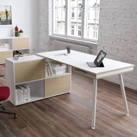 Workstation Maxi - gambe in metallo - 160 x 140 x H 81,5 cm - bianco / rovere