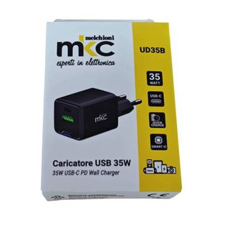Caricatore USB -  35W -  1 USB-C + 1 USB-A - Nero - MKC Melchioni