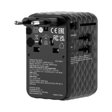 Adattatore - da viaggio universale - GaN III - con cavo USB-C retrattile - Nero - Verbatim