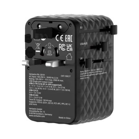 Adattatore - da viaggio universale - GaN III - con cavo USB-C retrattile - Nero - Verbatim