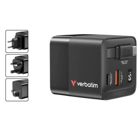 Caricabatterie - da muro - GaN - 65W - 2 porte - con cavo retrattile -Verbatim