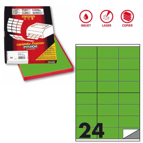 Etichette adesive C500 - permanenti - 70 x 36 mm - 24 et/fg - 100 fogli A4 - verde fluo - Markin