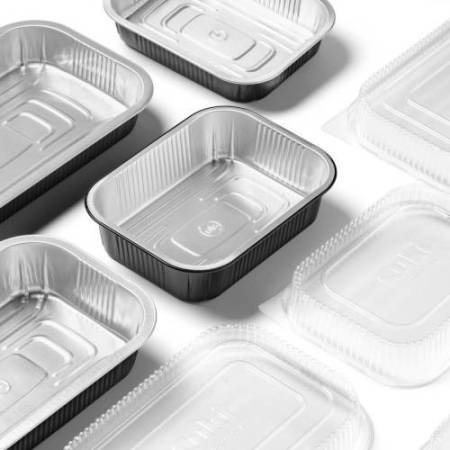 Contenitore alluminio stirato - c/ coperchio R-PET - 2 porzioni - 22 x 15 x 4,4 cm - Cuki Professional - conf. 25 pezzi