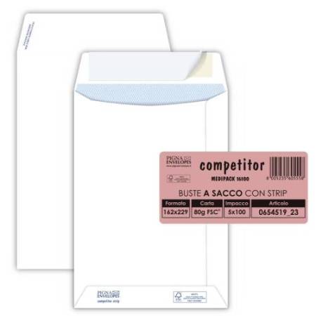Busta a sacco Competitor FSC - strip adesivo - 16 x 23 cm - 80 gr - bianco - Pigna Envelopes - conf. 100 pezzi