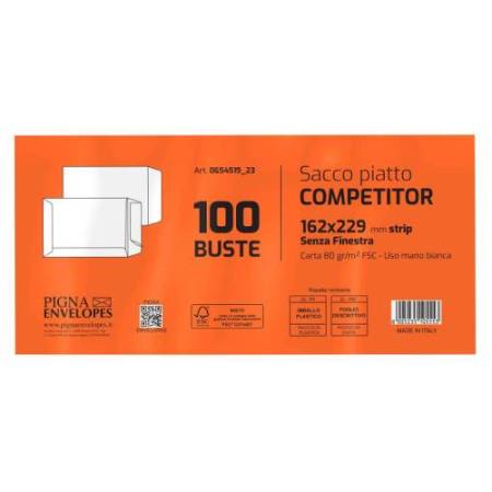 Busta a sacco Competitor FSC - strip adesivo - 16 x 23 cm - 80 gr - bianco - Pigna Envelopes - conf. 100 pezzi