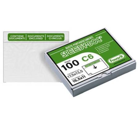 Busta adesiva Speedy Doc - con stampa "contiene documenti" - C6 (16,5 x 11 cm) - PPL/PE - trasparente - Favorit - conf. 100 pezz