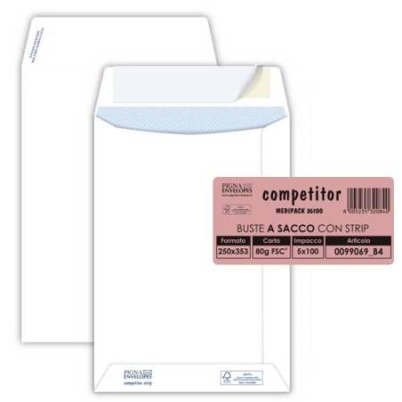 Busta a sacco Competitor FSC - strip adesivo - 25 x 35,3 cm - 80 gr - bianco - Pigna Envelopes - conf. 100 pezzi