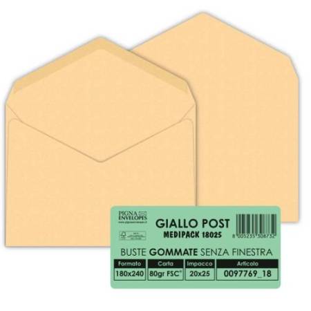 Busta Giallo Postale - gommata - 18 x 24 cm - 80 gr - carta riciclata FSC - giallo - Pigna Envelopes - conf. 25 pezzi