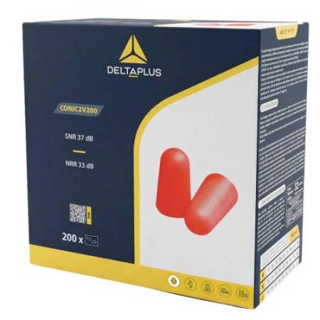 Tappi auricolari monouso - diametro 12 mm - SNR 37 dB - rosso - Deltaplus - dispenser da 200 paia