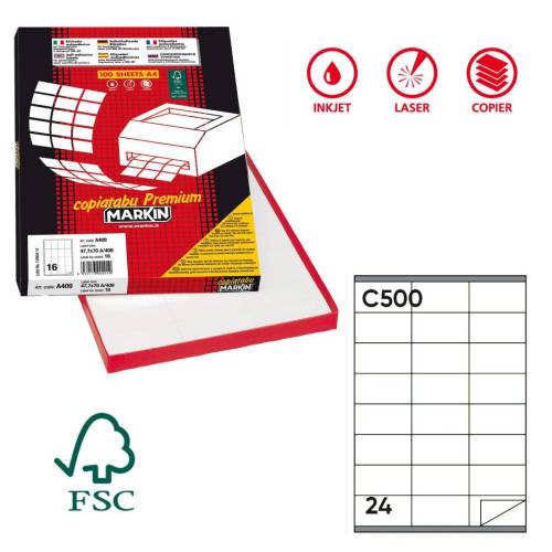 Etichette adesive C500 - permanenti - 70 x 36 mm - 24 et/fg - 100 fogli A4 - bianco - Markin