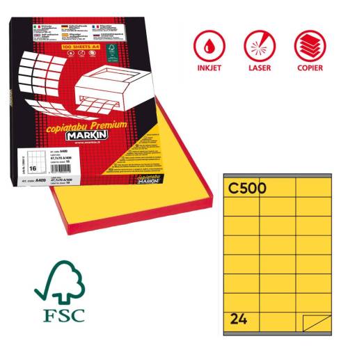 Etichette adesive C500 - permanenti - 70 x 36 mm - 24 et/fg -  100 fogli A4 - 100 fogli A4 - giallo - Markin