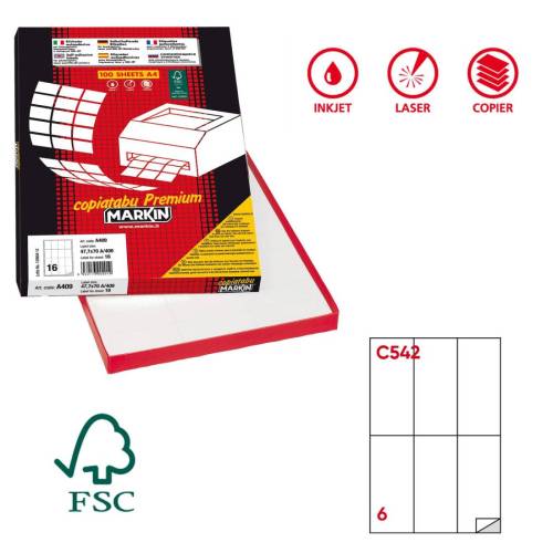 Etichette adesive C542 - permanenti - 70 x 148 mm - 6 et/fg - 100 fogli A4 - bianco - Markin