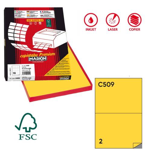 Etichette adesive C509 - permanenti - 210 x 148,5 mm - 2 et/fg - 100 fogli A4 - giallo - Markin