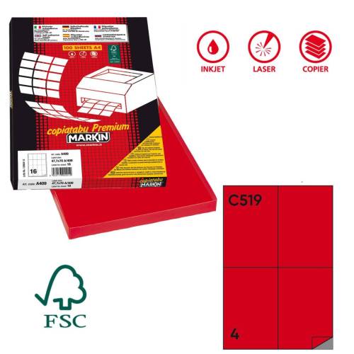 Etichette adesive C519 - permanenti - 105 x 148,5 mm - 4 et/fg - 100 fogli A4 - rosso - Markin