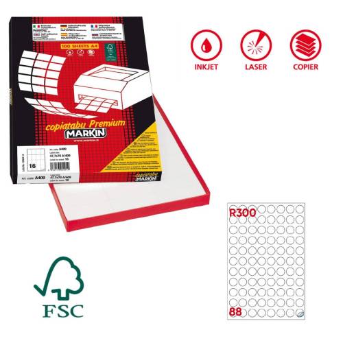 Etichette adesive R300 - permanenti - diametro 20 mm - 88 et/fg - 100 fogli A4 - bianco - Markin
